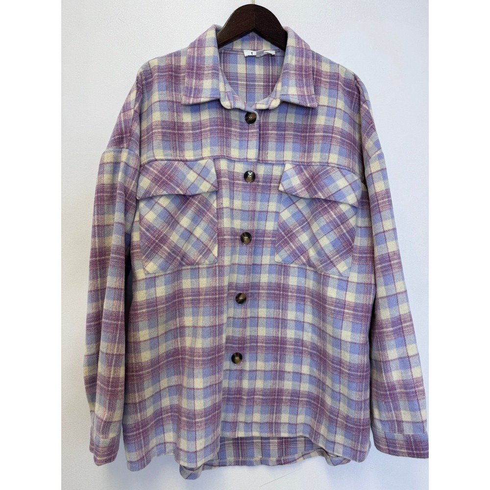 THML‎ Womens Purple Plaid Flannel Shacket Oversized Button Down Shirt Jacket L